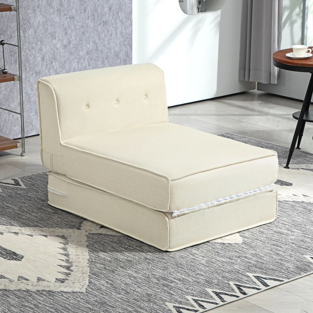 Sofá-cama chão dobrável com encosto acolchoado, pufe convertível, cama extra, sala de estar, escritório, branco creme