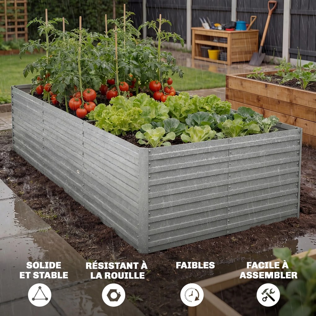 Floreira jardim 240 x 120 x 60 cm, elevada galvanizada com rebordo de segurança e fundo aberto, cinzento prateado