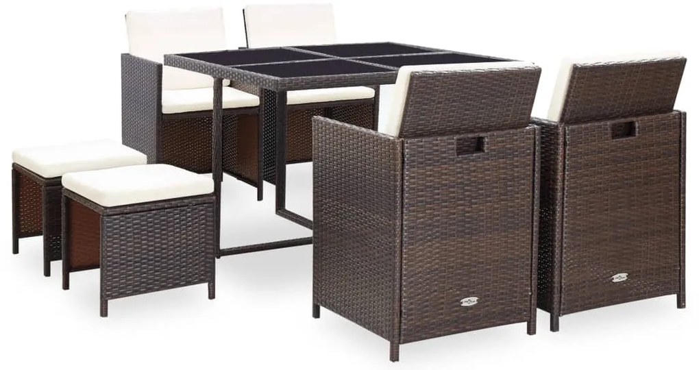 9 pcs conjunto jantar exterior c/ almofadões vime PE castanho