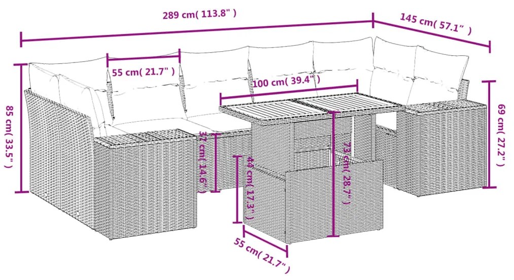 8 pcs conjunto de sofás p/ jardim com almofadões vime PE bege