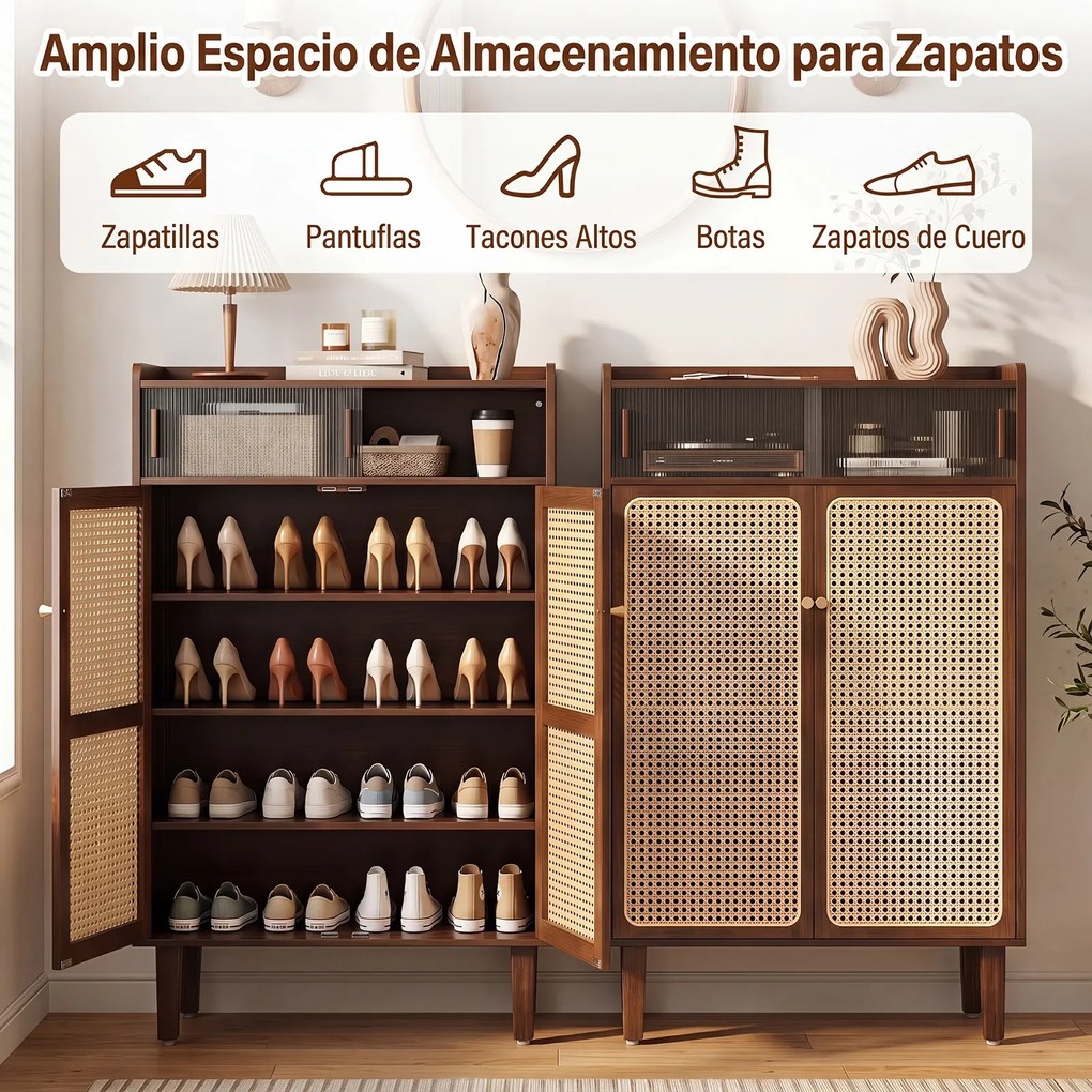 Sapateira, 67 x 33 x 107 cm, 5 Níveis com Portas de Rattan, cor Nogueira
