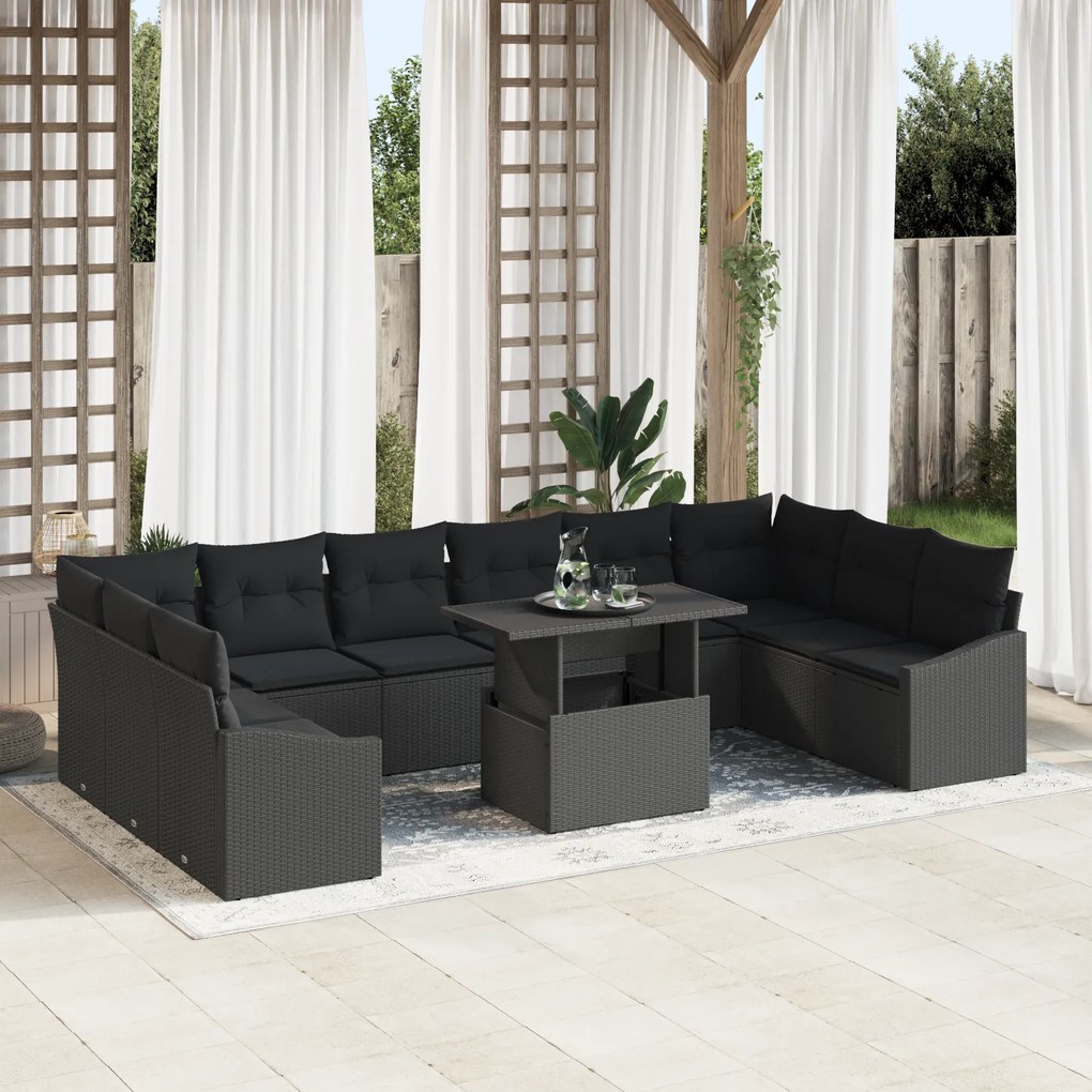 Conjunto de Sofá de Jardim de 11 Peças com Almofadas Preto em Rattan