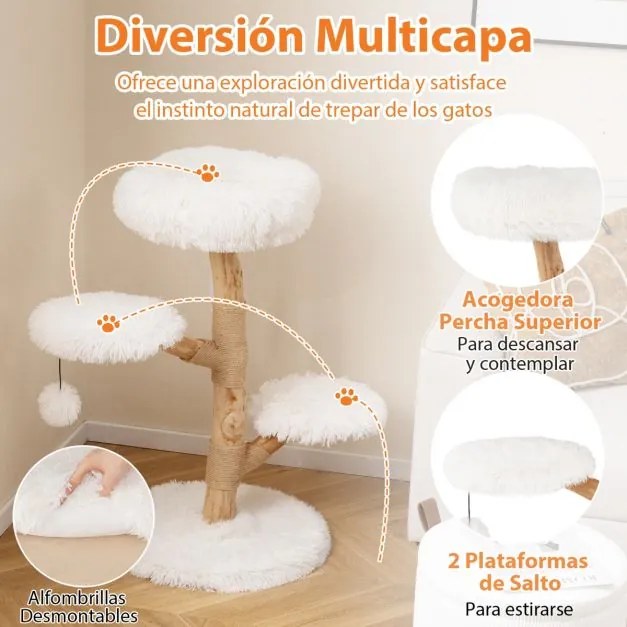 Torre para gatos em madeira maciça de pereira 50 x 90 cm (diâmetro x altura) com plataforma, bola suspensa e postes para arranhar brancos