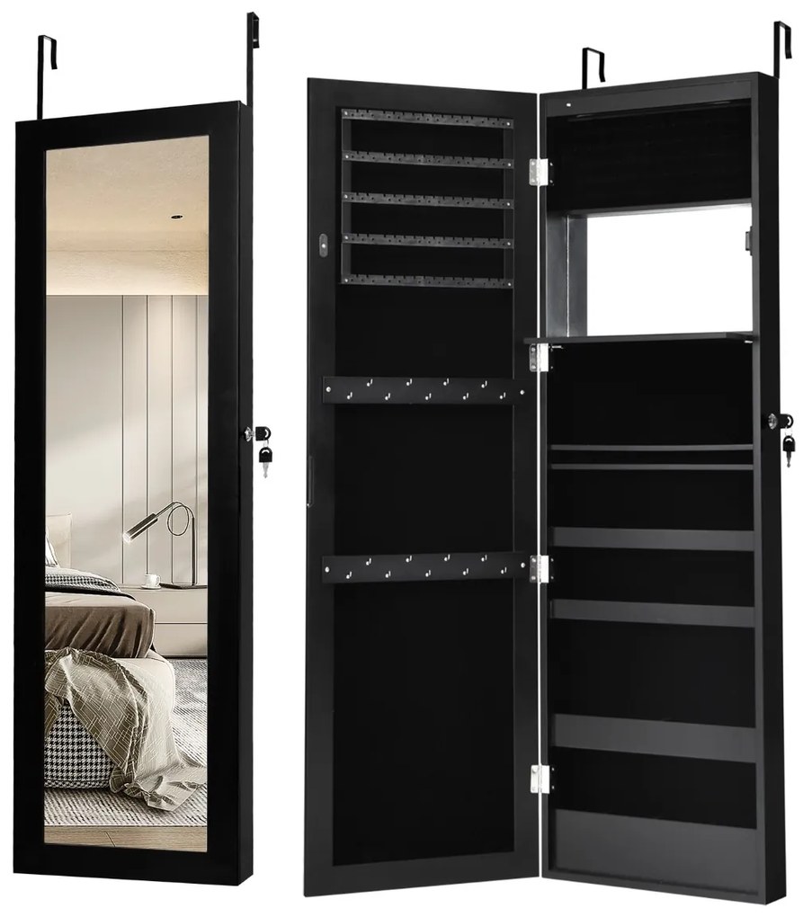 Espelho de jóias 12 LEDs Armario de parede Organizador de jóias Caixa de jóias 37 x 8,5 x 120 cm Preto