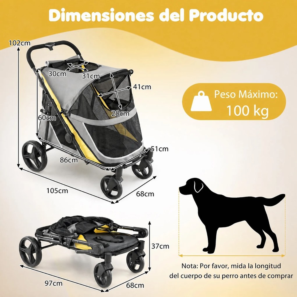 Carrinho Dobrável para Animais de Estimação, 105 x 68 x 102 cm, Dobragem Rápida, Amarelo+Cinza