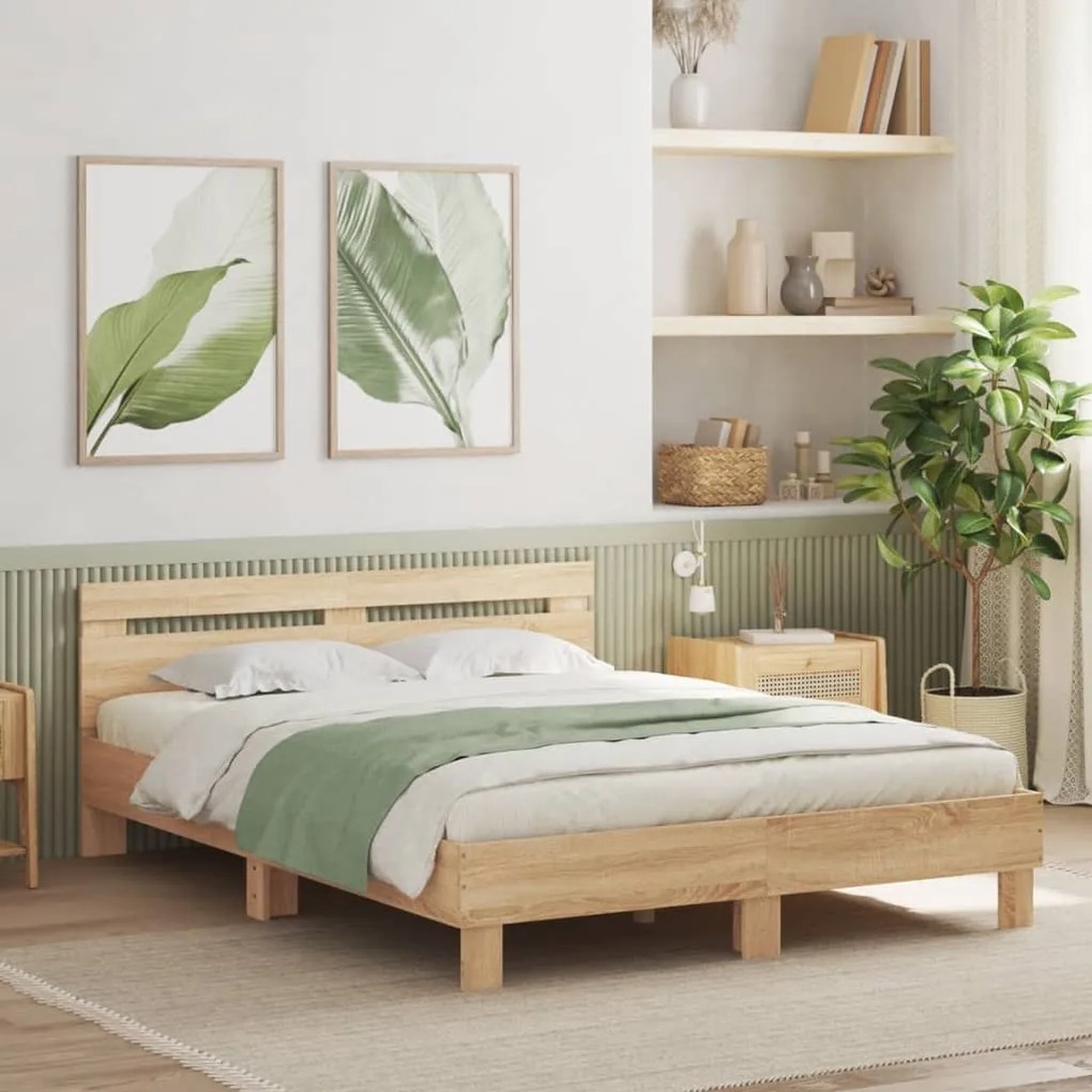 Estrutura cama c/ cabeceira/luzes LED 140x190cm carvalho sonoma
