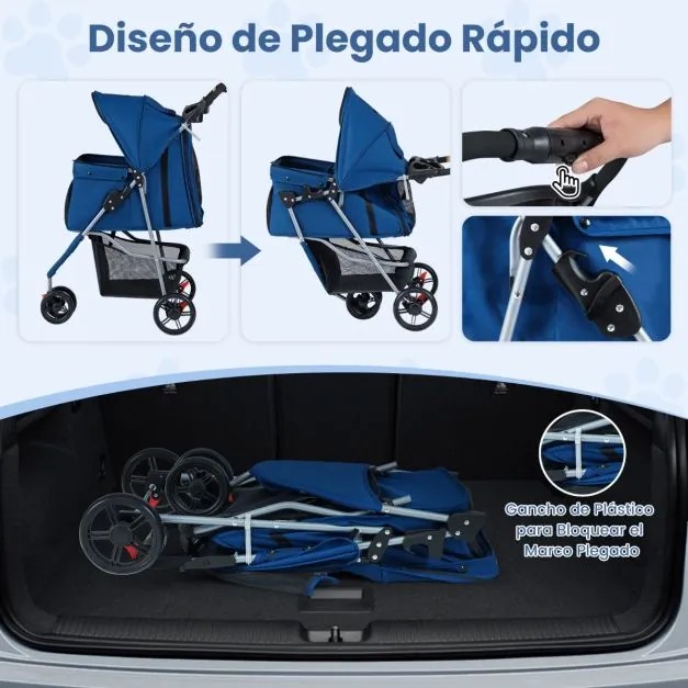 Carrinho dobrável para animais de estimação, leve, com capota ajustável, almofada lavável, cesto de armazenamento e porta-copos, 3 rodas, até 15 kg Az