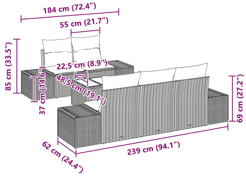 Conjunto de Sofás de Jardim de 6 Peças com Almofadas Polirattan Bege
