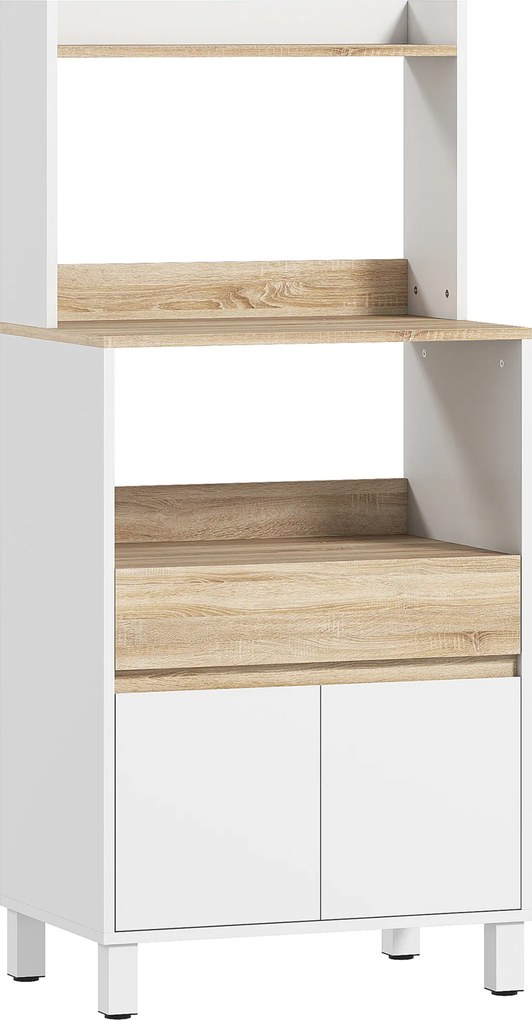 HOMCOM Móvel para Micro-Ondas 60x40x131 cm Carvalho e Branco com Gaveta e Armário | Aosom Portugal