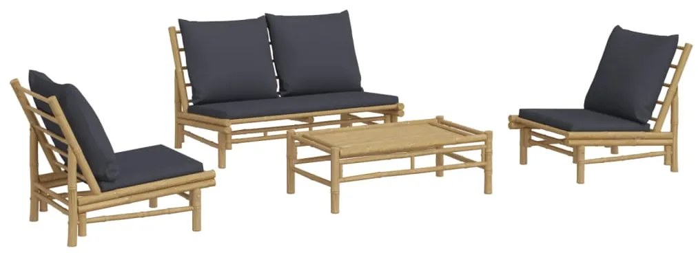 4pcs conj. lounge de jardim bambu c/ almofadões cinzento-escuro