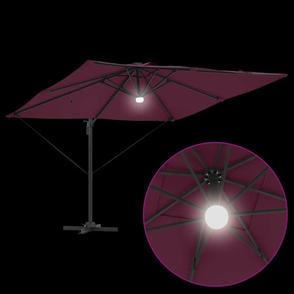 Parasol Cantilever Roma com LEDs Vermelho Bordeaux 286x285x270 cm em A