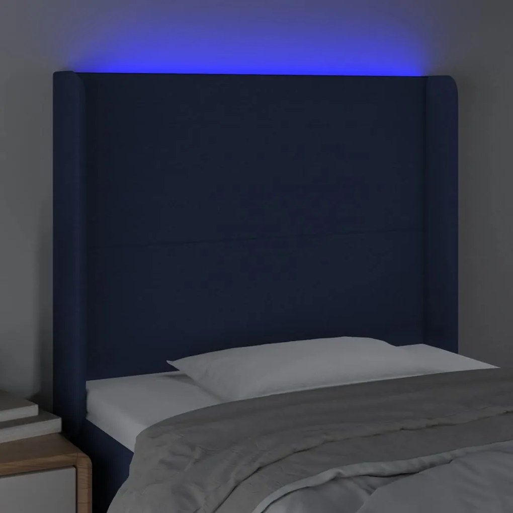 Cabeceira de cama c/ luzes LED tecido 83x16x118/128 cm azul