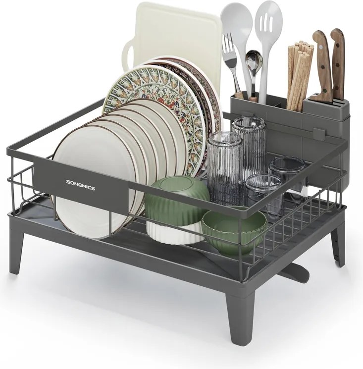 Escorredor louça giratório 31 x 42 x 18,5 cm com tabuleiro e suporte para talheres cinza antracite