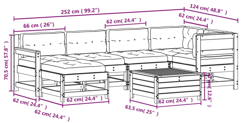 7 pcs conj. lounge jardim com almofadões madeira douglas maciça
