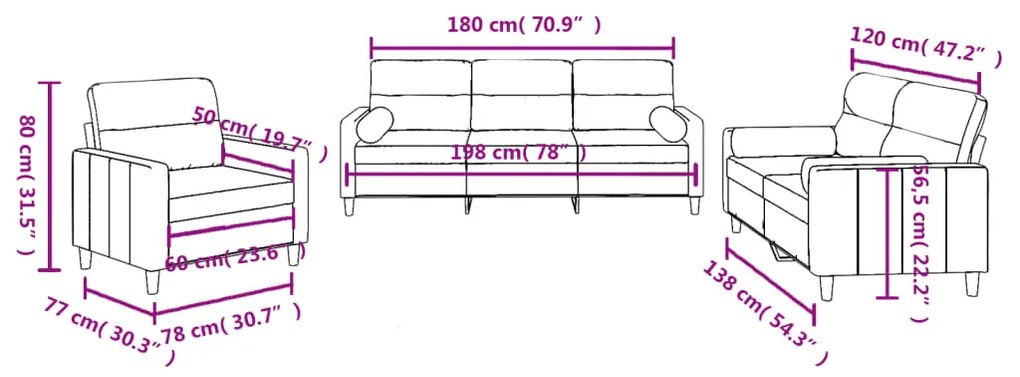 3 pcs conjunto de sofás com almofadas tecido cinza-acastanhado