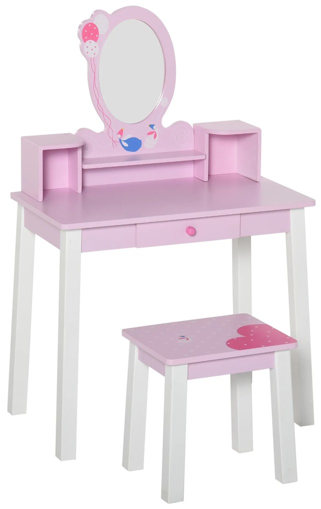 HOMCOM Toucador Infantil com Banco e Espelho Mesa de Maquilhagem Infantil Estilo Princesa de Madeira 59x39x92cm Rosa