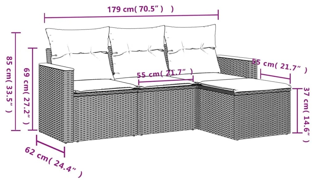 4 pcs conjunto de sofás para jardim c/ almofadões vime PE preto