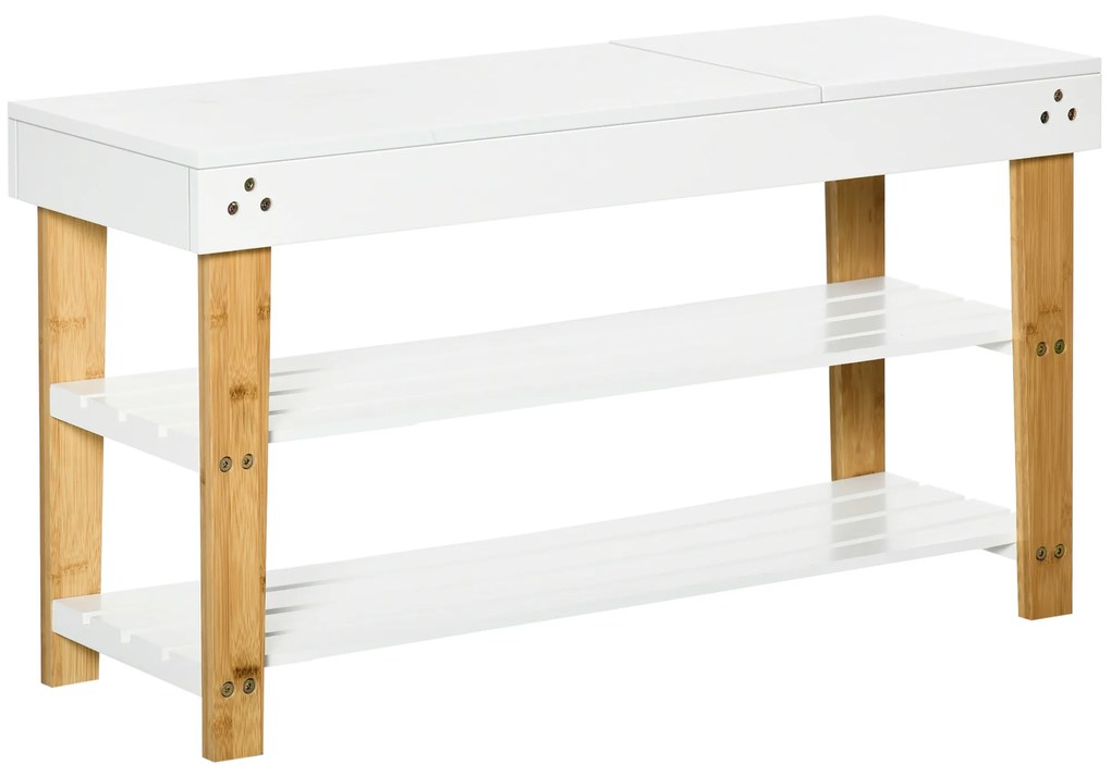 HOMCOM Banco Sapateira Bambú com Baú Armazenamento 2 Prateleiras para 6 Sapatos Organizador Entrada 60x33x50cm Madeira Branco | Aosom Portugal