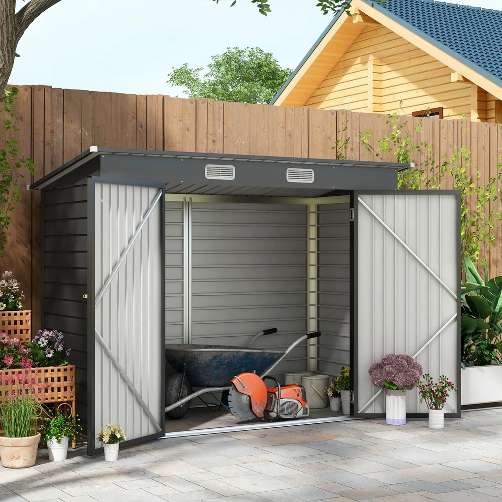 Abrigo de Jardim 2,7m² 249x121x183 cm Abrigo de Exterior com Porta Dupla 2 Ventilaç4oes e Trava Abrigo para Pátio Cinza