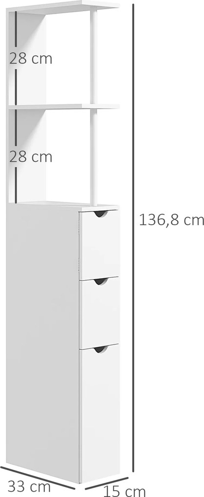 Móvel de coluna para casa de banho 15 x 33 x 136,5 cm, armário de casa de banho com gavetas e prateleiras abertas, branco