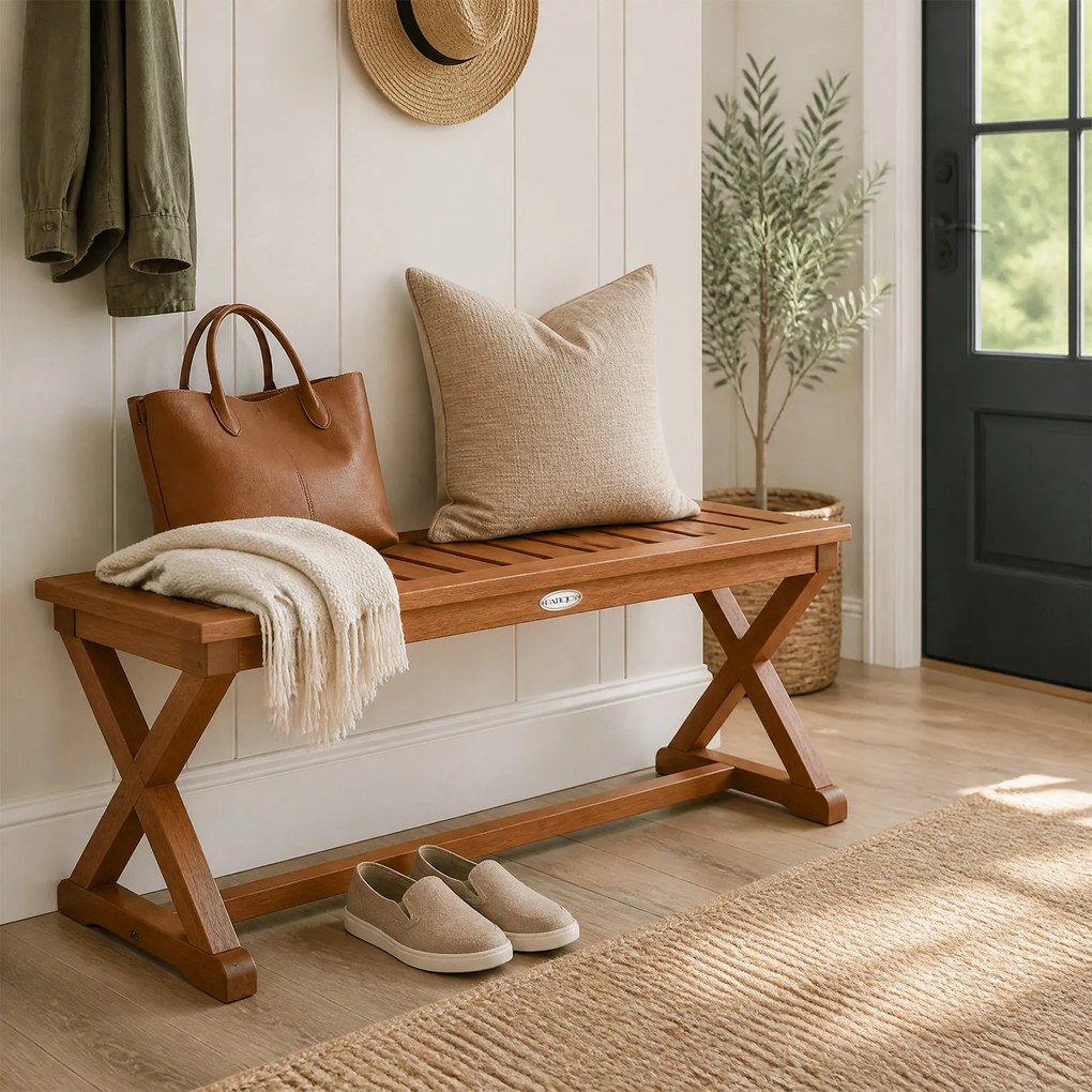 Banco de Jardim, 110 x 42 x 43 cm, Pernas em X, Castanho