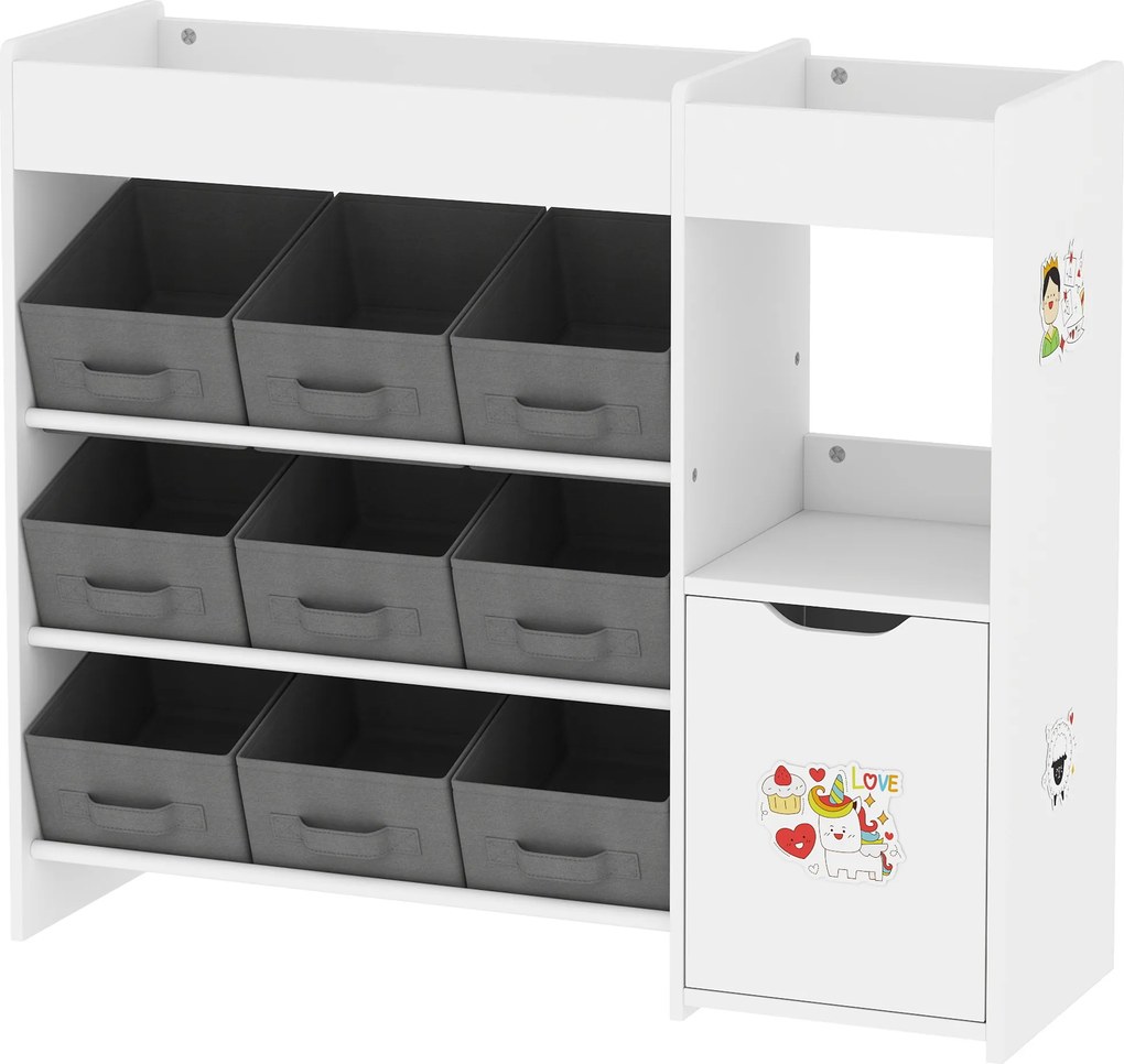 Móvel de arrumação infantil com prateleiras para brinquedos, com 9 gavetas em tecido e armário, branco