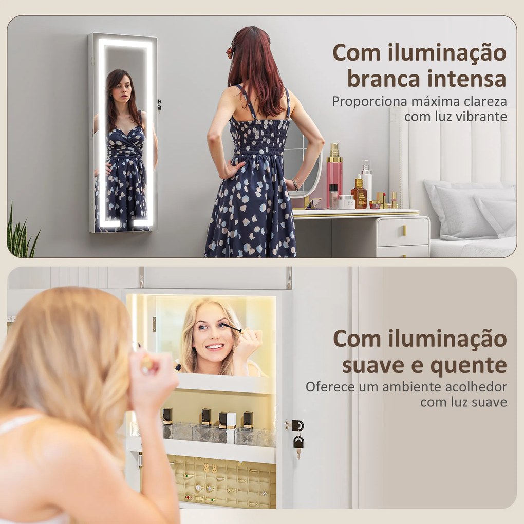 Espelho Joalheiro de Parede com Luzes LED e Fechadura para Pendurar na Parede ou na Porta 37x10,5x108 cm Branco