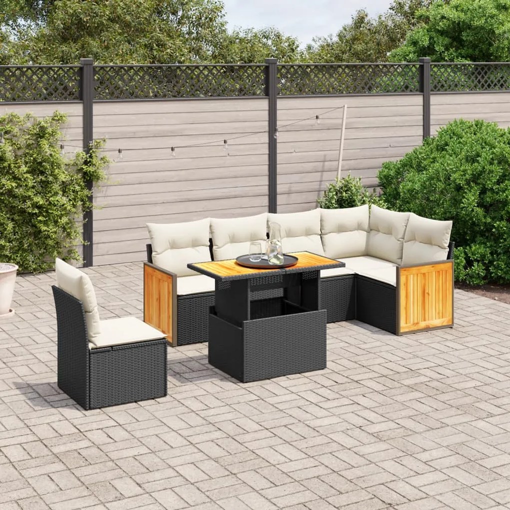 7 pcs conjunto de sofás p/ jardim c/ almofadões vime PE preto