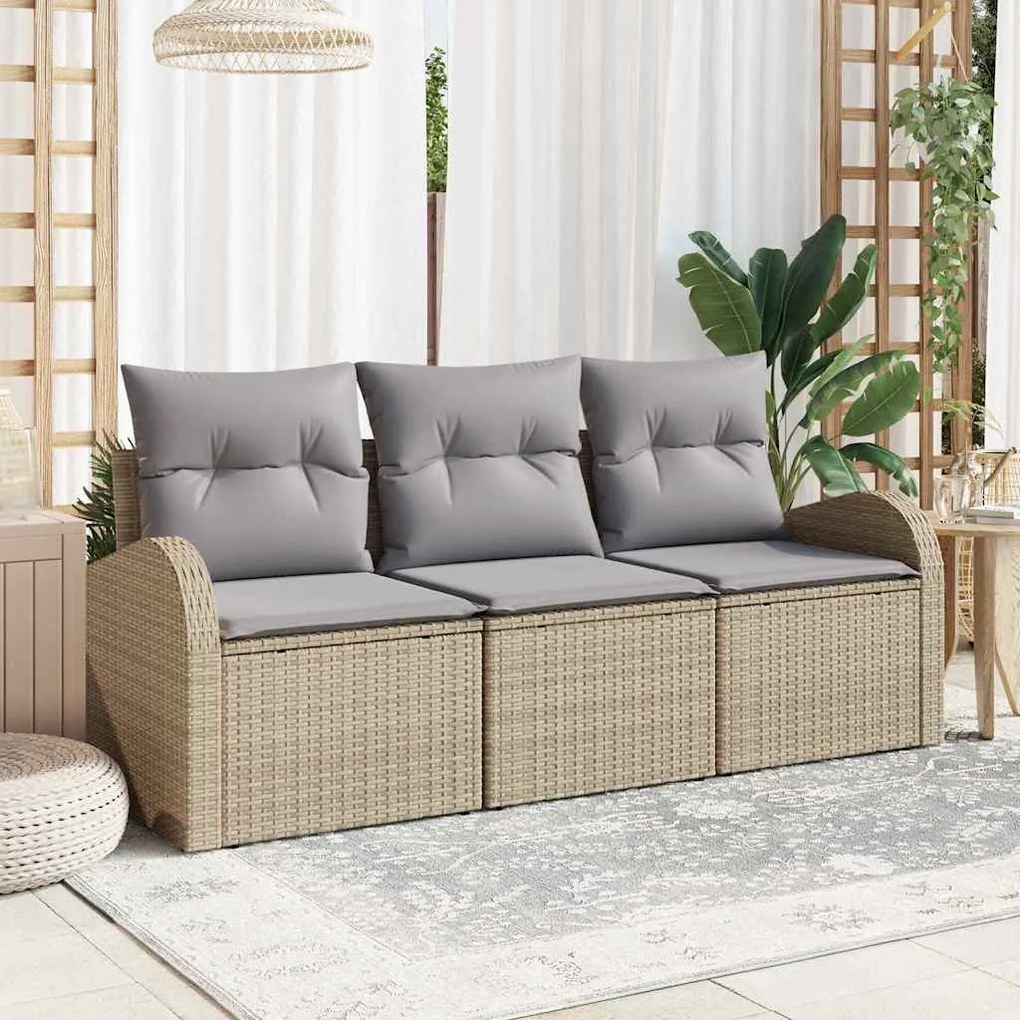 vidaXL Conjunto de Sofá de Jardim 3 Peças com Almofadas Bege em Rattan Sintético.