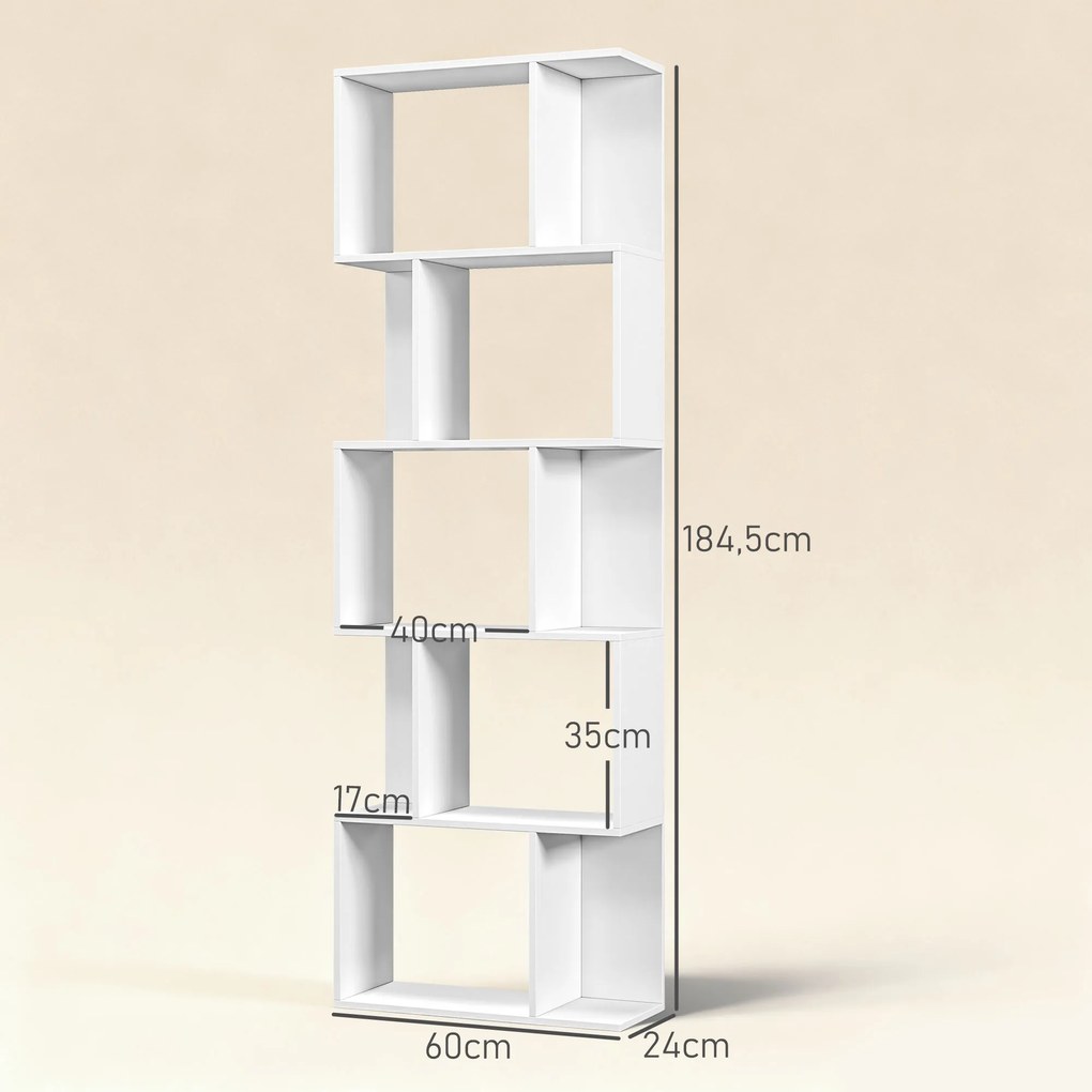 Estante de 5 Níveis em Forma de S com 10 Prateleiras para Quarto Escritório Sala 60x24x184,5 cm Branco