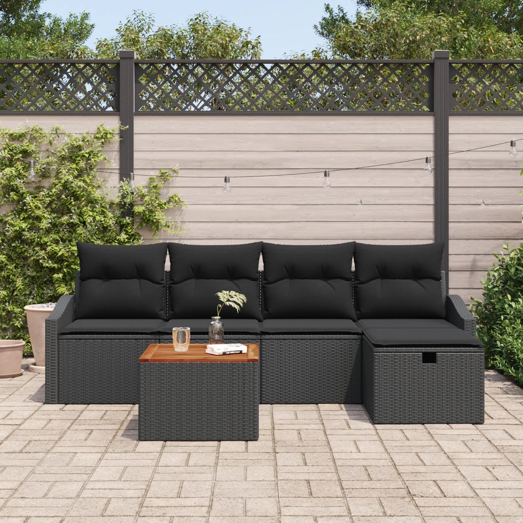 Conjunto de Sofás de Jardim de 6 Peças com Almofadas Pretas de Rattan
