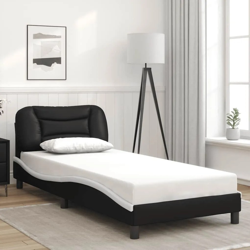 Estrutura cama c/ luzes LED 80x200cm couro artif. preto/branco