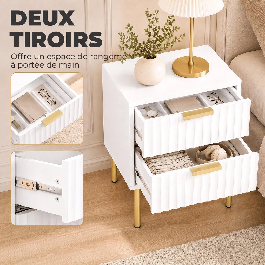 Mesa de cabeceira com ranhuras 40 (L) x 39 (P) x 48 (A) cm, 2 gavetas e pés em aço, para quarto, sala de estar, branca