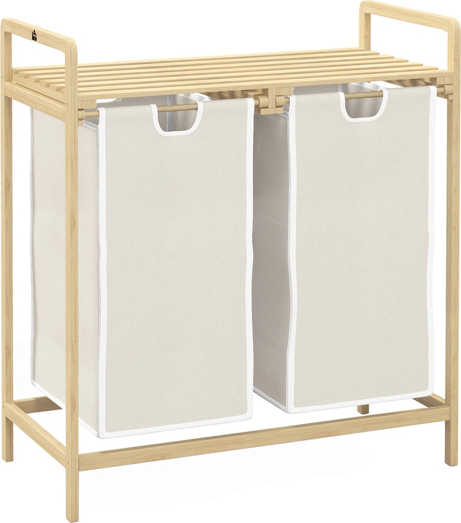 Cesto de roupa suja em bambu com 2 cestos removíveis e deslizantes em tecido não tecido 63,5 x 33 x 73 cm creme