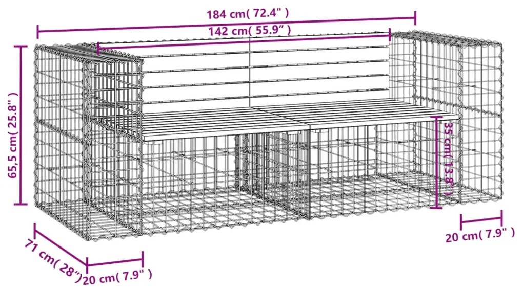 Banco jardim design gabião 184x71x65,5cm madeira douglas maciça