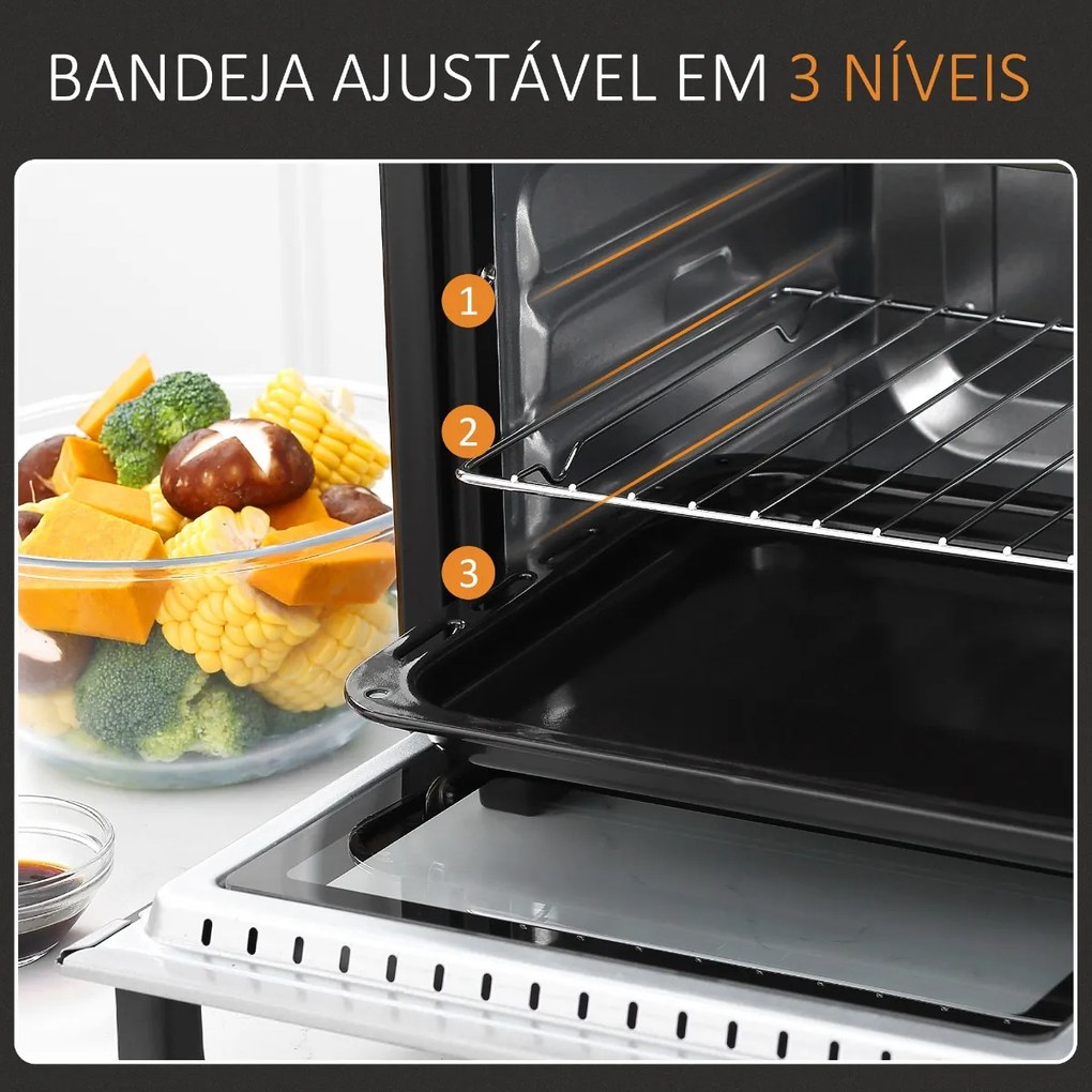 Mini Forno de Convecção 16L com 3 Modos de Aquecimento Temperatura até 230°C Temporizador 60 Minutos Bandeja para Assar e Grade 44x32x28,1cm Branco e