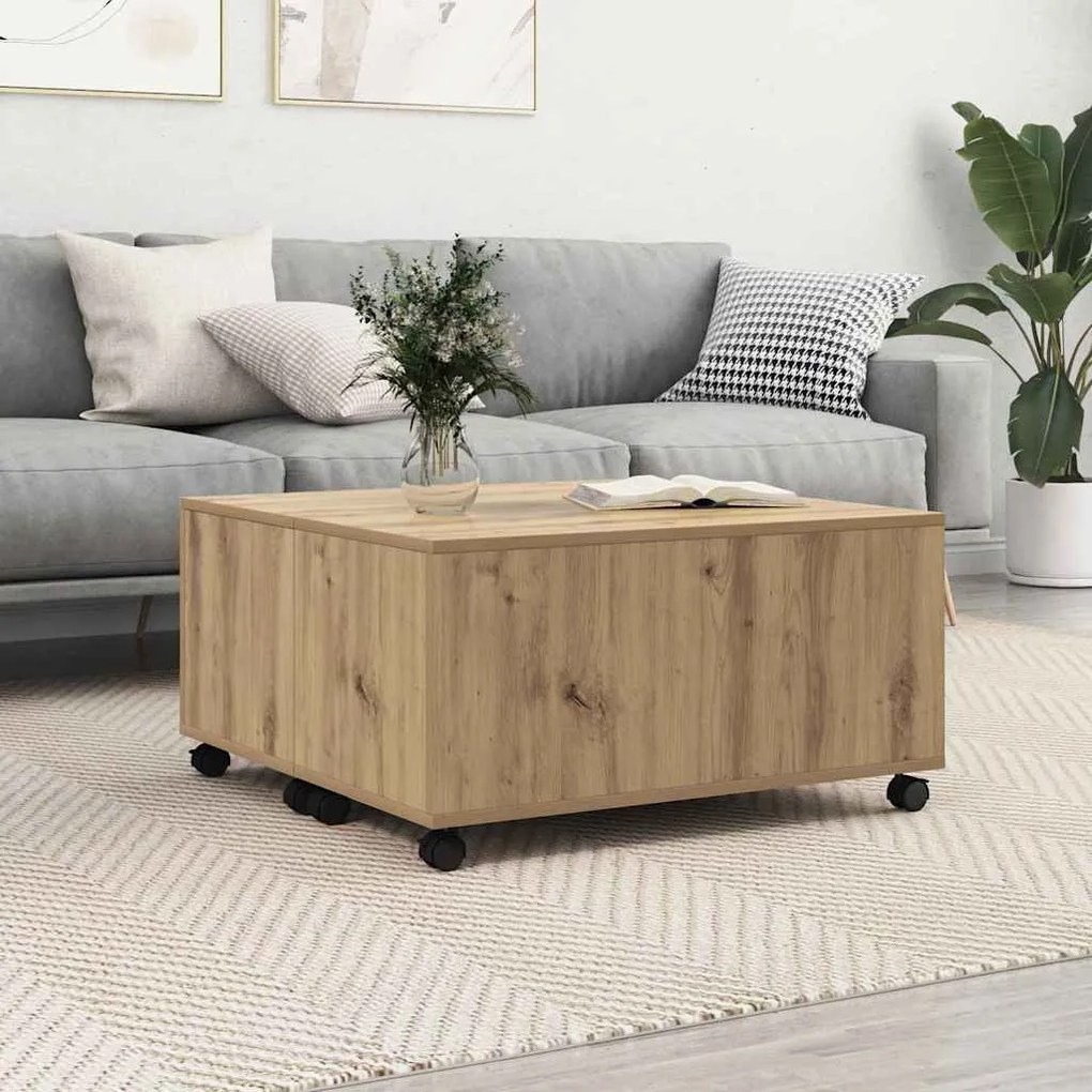 Mesa de centro com roda carvalho artisiano 75 x 75 x 38 cm