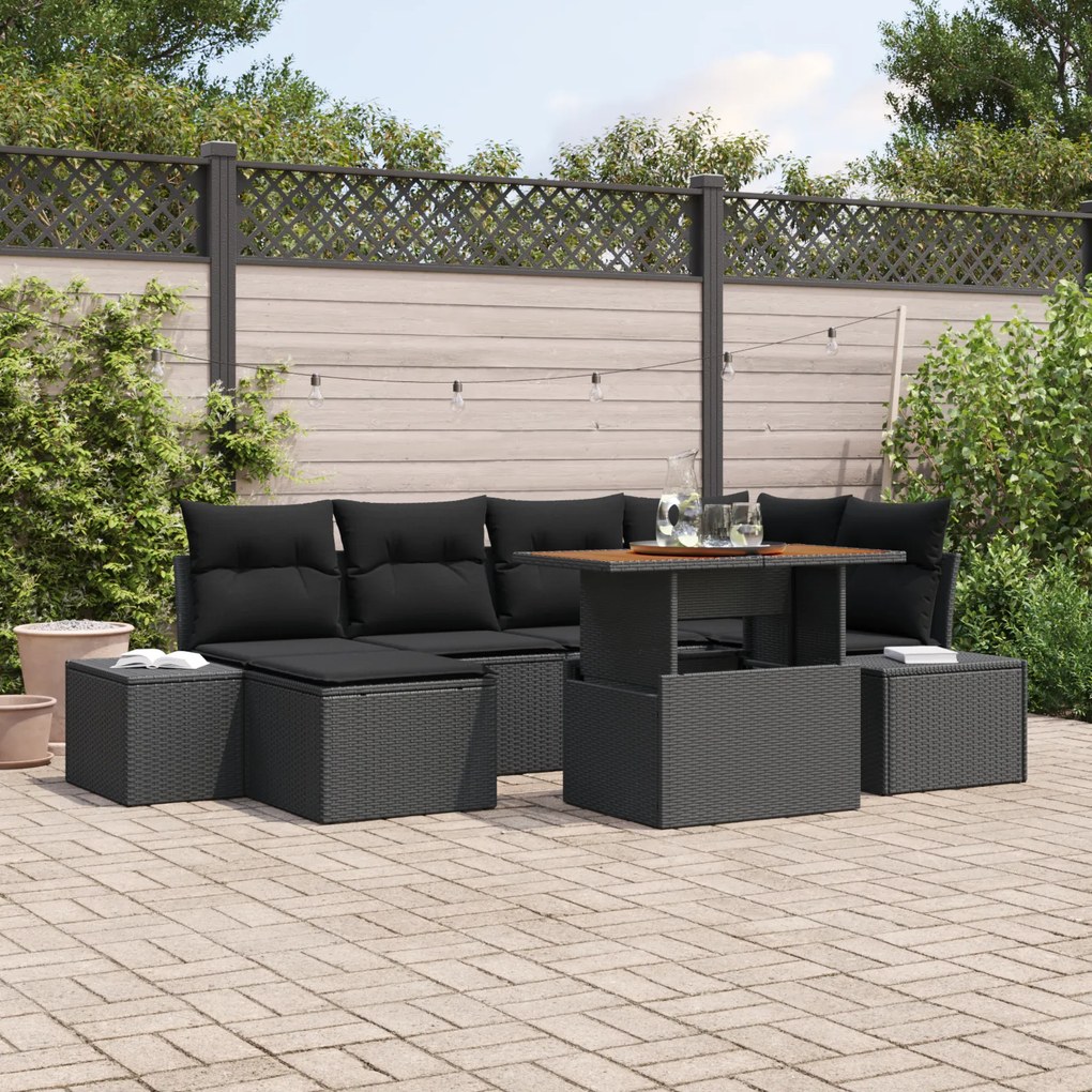 Conjunto de Sofás de Jardim de 7 Peças com Almofadas Preto Polirattan