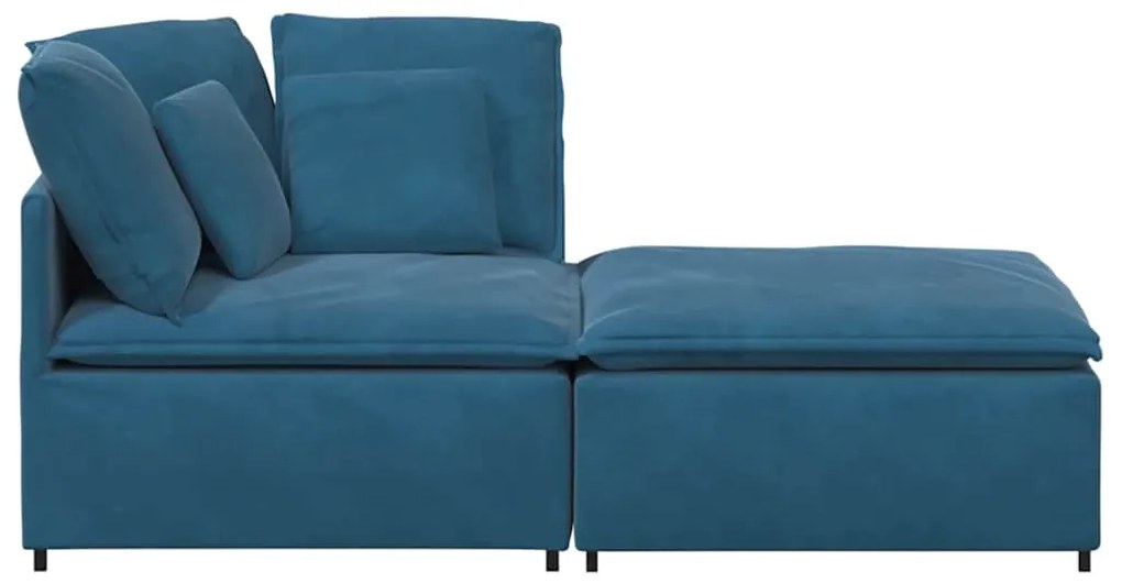 Sofá modular com pufes e almofadas veludo azul