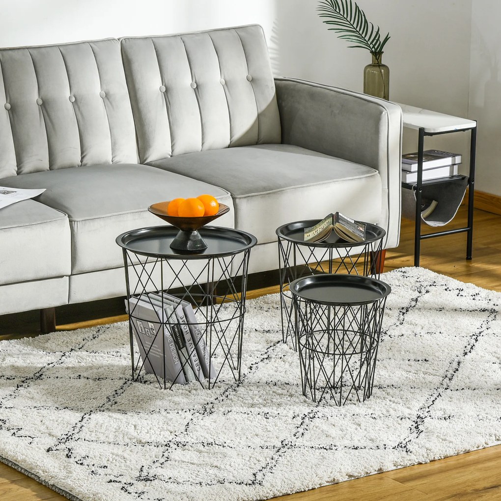 HOMCOM Conjunto de 3 mesas laterais empilháveis Cestos de metal com bandeja removível e espaço de armazenamento Estilo moderno para sala de estar Diâmetro Ø43 Ø35 e Ø30 preto