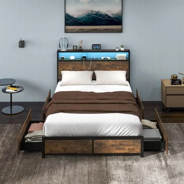 Estrutura de cama de casal 140 x 200 cm em metal (COLCHÃO NÃO INCLUIDO) Cabeceira com luz LED RGB 4 Ligação USB  gavetas de arrumação Castanha