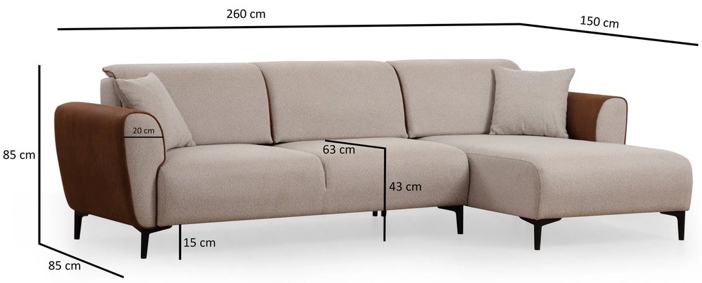 Sofá-cama de canto Aren – Bege e Canela – 150 x 260 cm