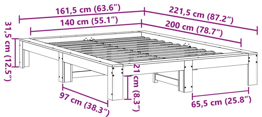 Cama sem colchão 140x200 cm madeira de pinho maciça branco