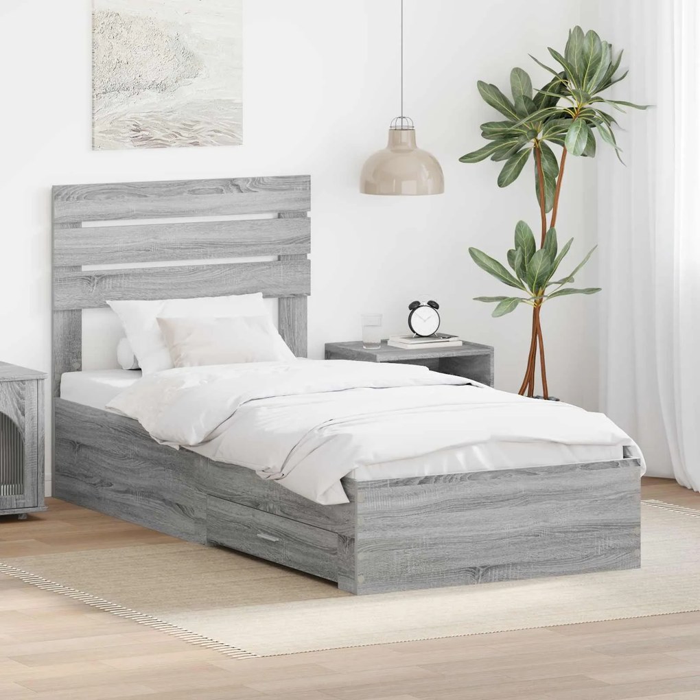 vidaXL Estrutura da Cama com gaveta Cinza Sonoma e Prata 75 x 190 cm
