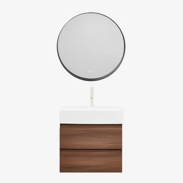 Conjunto De Móvel De Casa De Banho Em Madeira E Chapa De Freixo Com Lavatório Integrado Ona Madeira Escura & Redondo Led - Sklum