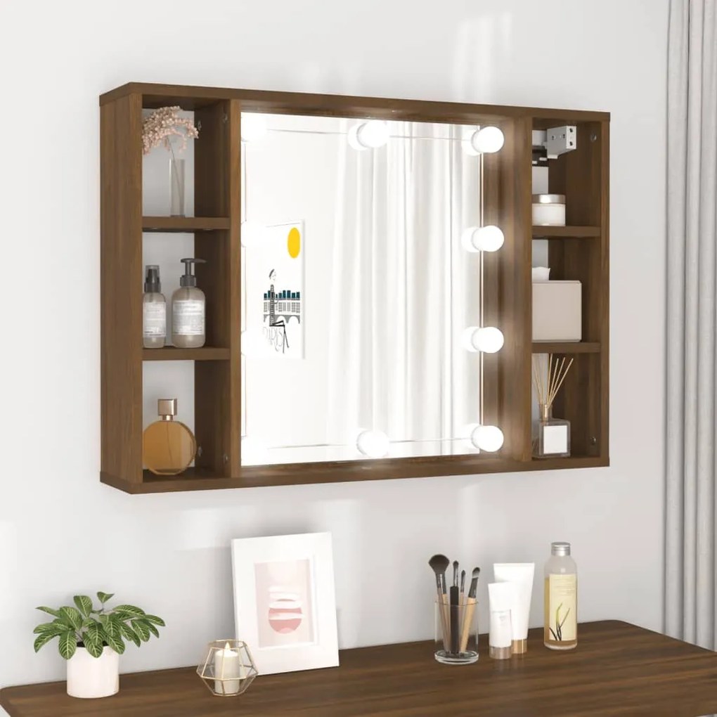 vidaXL Armário espelhado com LED 76x15x55 cm carvalho castanho