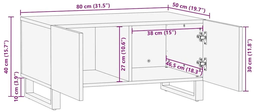 Mesa de Centro - 80 x 50 x 40 cm, feita de madeira maciça e MDF.