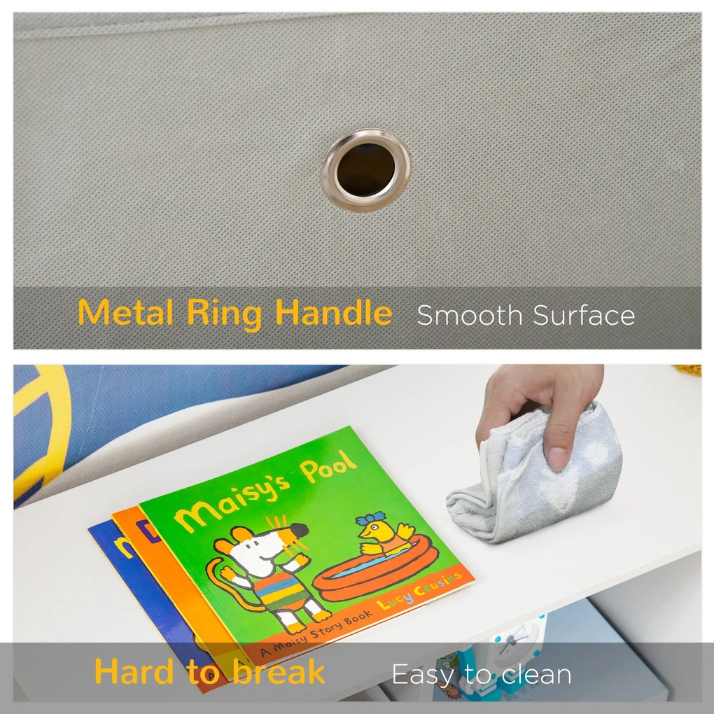 Móvel para Brinquedos com 5 Rodas Organizador de Brinquedos de Madeira com 3 Cubos de Armazenamento e 2 Gavetas de Tecido Removíveis Móvel Infantil 90