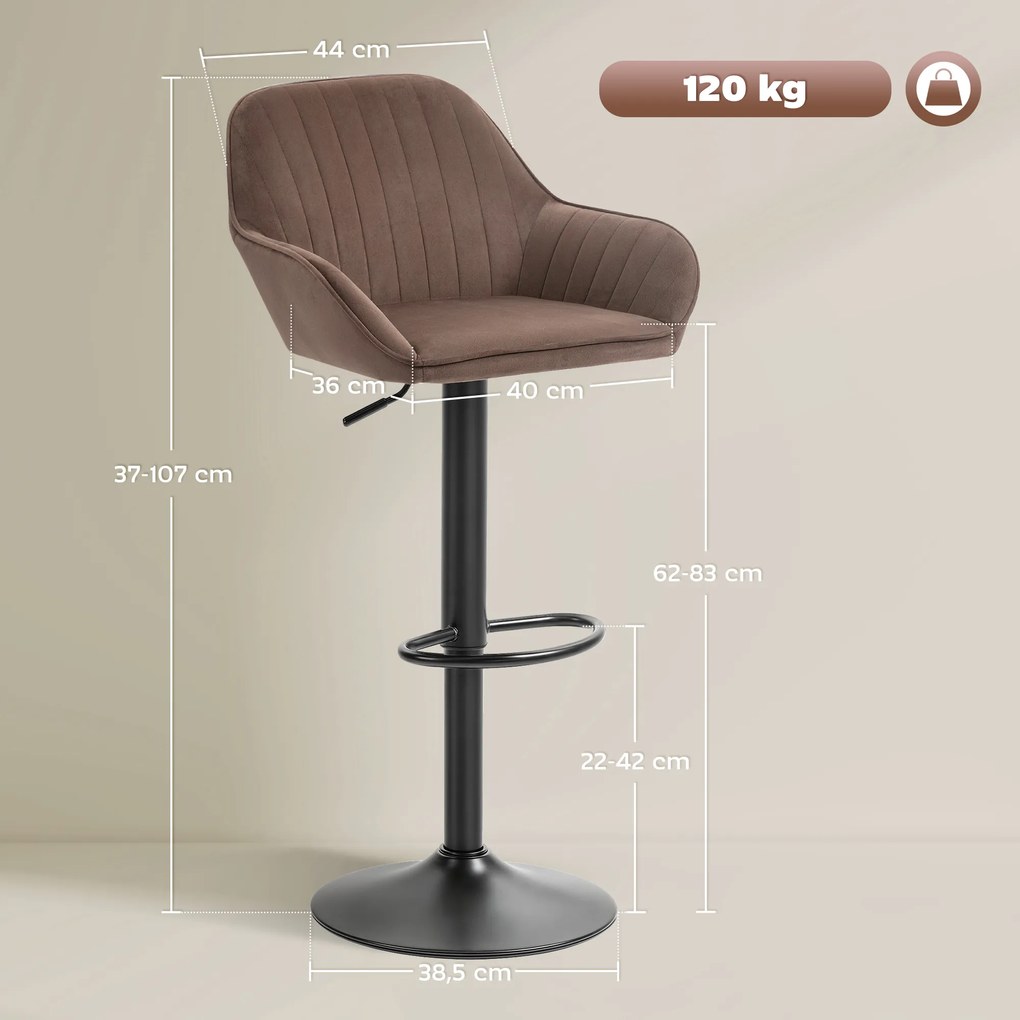 Conjunto de 2 Bancos de Bar Giratórios Bancos Altos de Cozinha com Altura Ajustável 50,5x50x87-107 cm Castanho