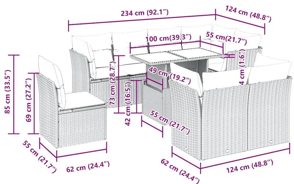 9 pcs conjunto sofás jardim almofadões vime PE/acácia cinzento